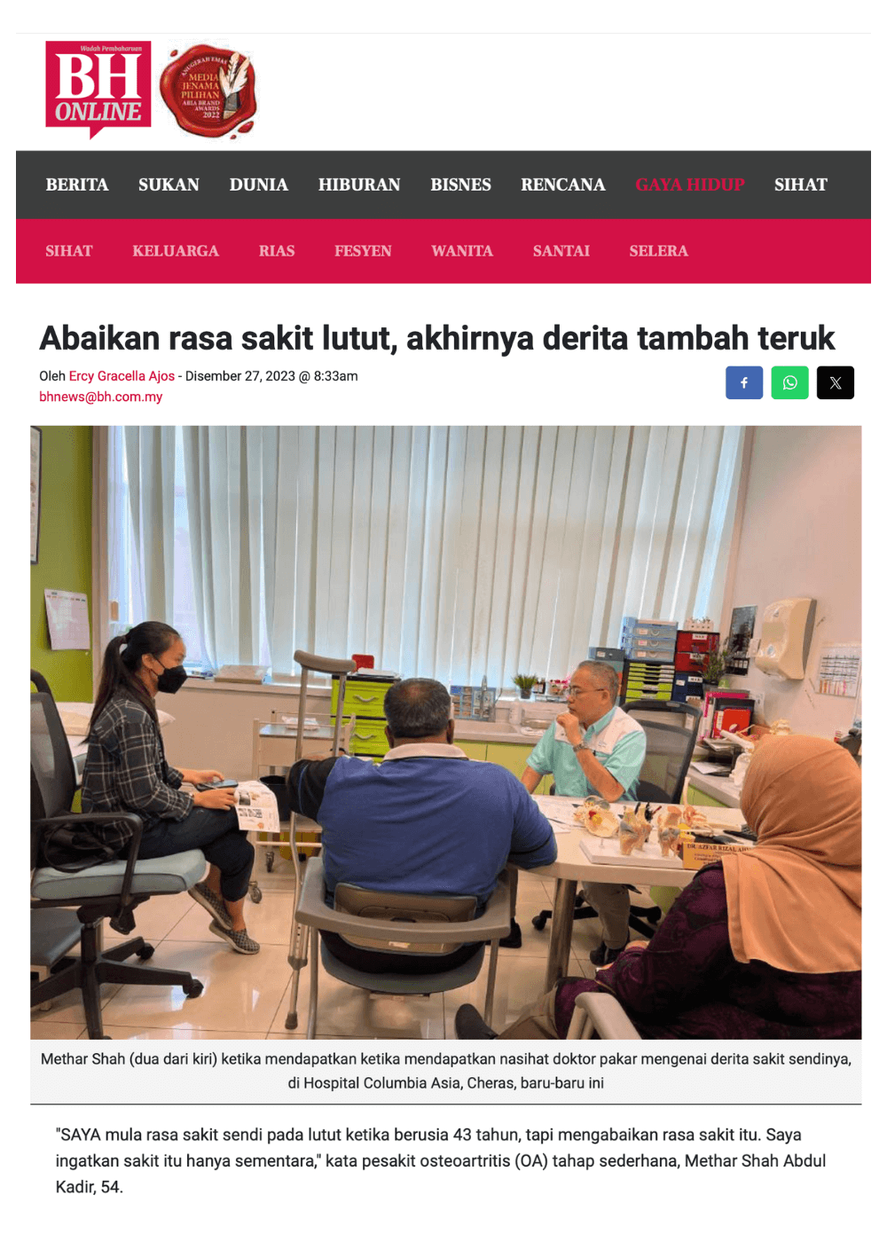 Artikel media mengenai isu lutut dan sendi